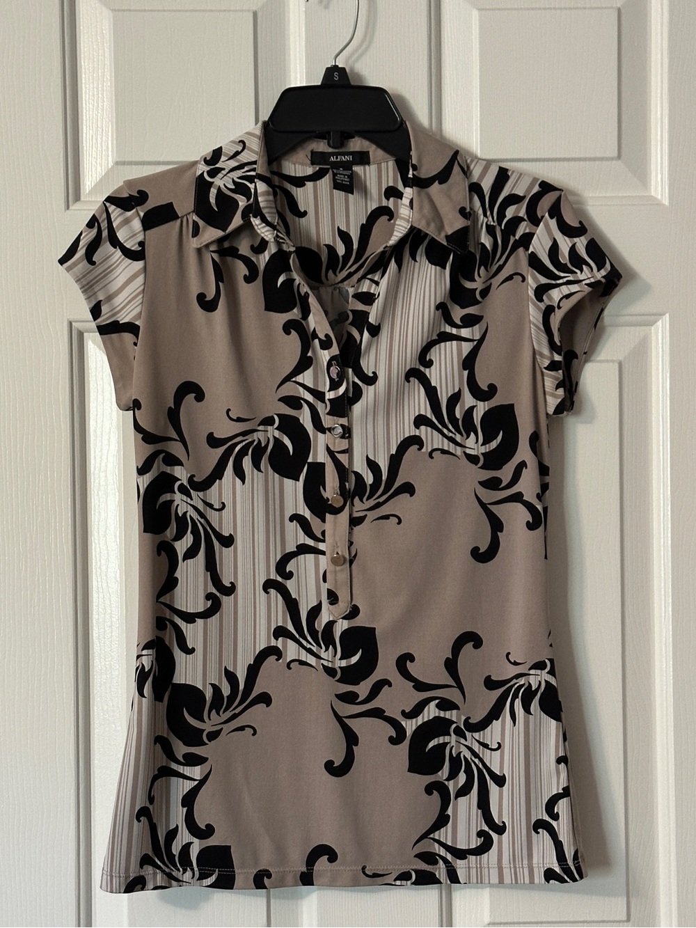 Alfani Beige and Black Scroll-Print Top